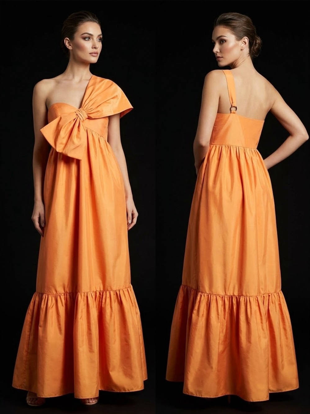 One-Shoulder Orange Bow Maxi Dress - Designer Evening Gown
